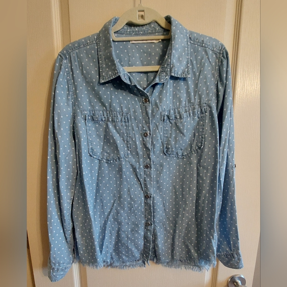 STANDARD GRACE Blue & White Polka Dot Buttondown Shirt. Women's Size Large 💙